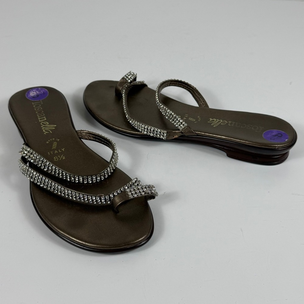 Toscanella Sandals Womens 8.5 M Bronze Rhinestone Toe Loop‎ Made Italy Y2K